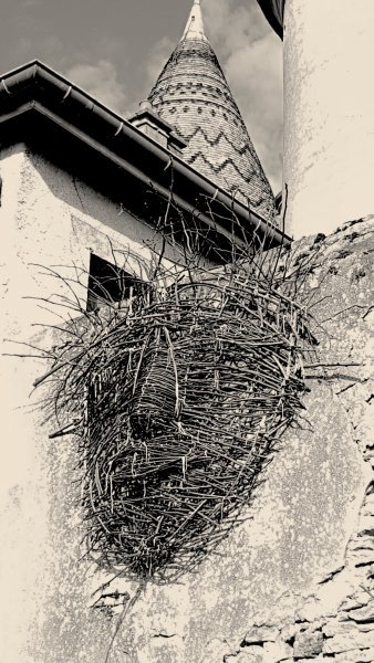 A woven nest-like face on a tower wall